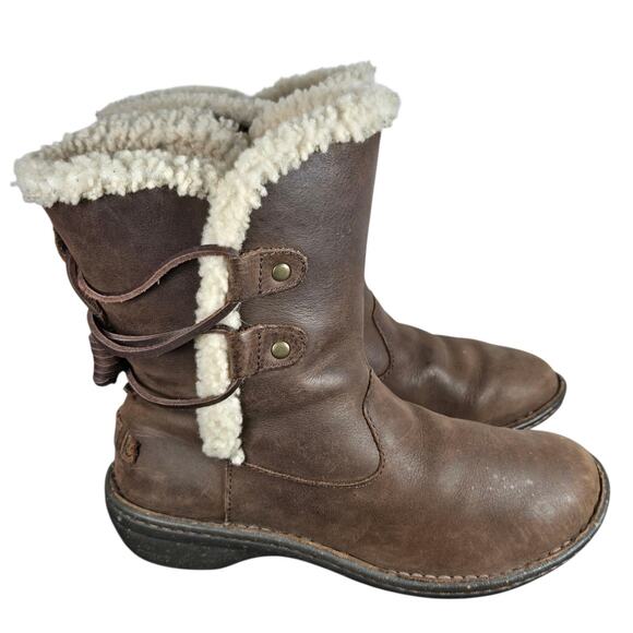 UGG Akadia Boots Womens 7 Stout Brown Leather Shearling Boots Mid Calf Back Lace - Picture 1 of 12